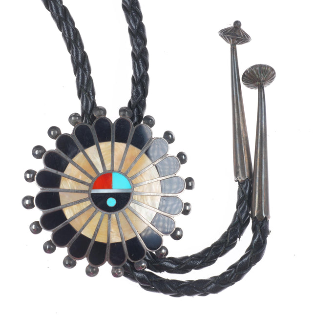 Victoria Unkestine Zuni sterling silver shell/turquoise sunface bolo tie