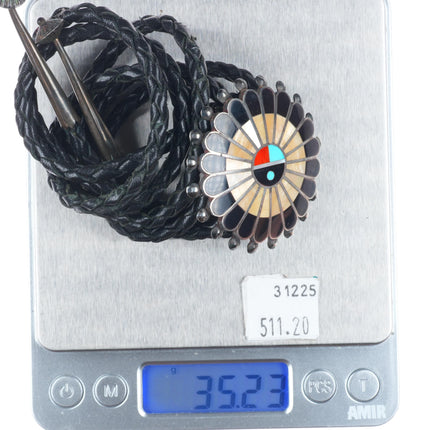 Victoria Unkestine Zuni sterling silver shell/turquoise sunface bolo tie