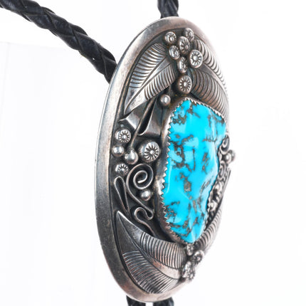 Thomas Nez Navajo Vintage sterling silver bolo tie with nice Kingman turquoise