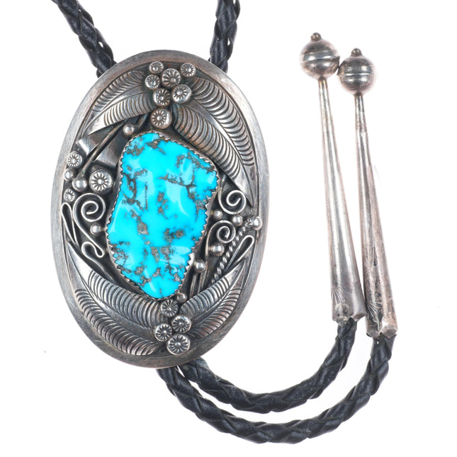 Thomas Nez Navajo Vintage sterling silver bolo tie with nice Kingman turquoise