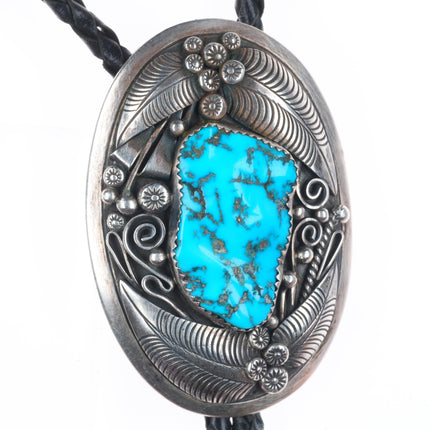 Thomas Nez Navajo Vintage sterling silver bolo tie with nice Kingman turquoise