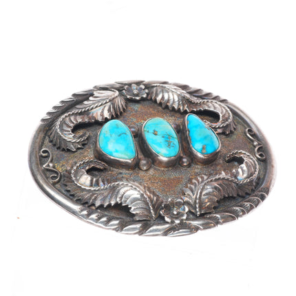 Vintage ES Navajo sterling silver 3 stone turquoise belt buckle fancy feathers