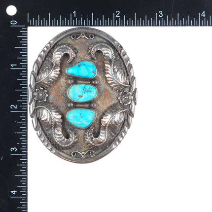Vintage ES Navajo sterling silver 3 stone turquoise belt buckle fancy feathers