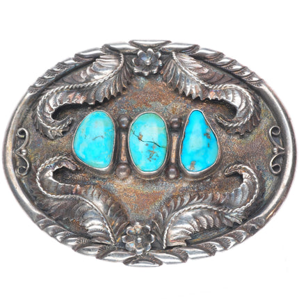 Vintage ES Navajo sterling silver 3 stone turquoise belt buckle fancy feathers