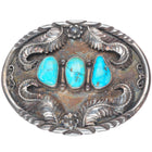 Vintage ES Navajo sterling silver 3 stone turquoise belt buckle fancy feathers