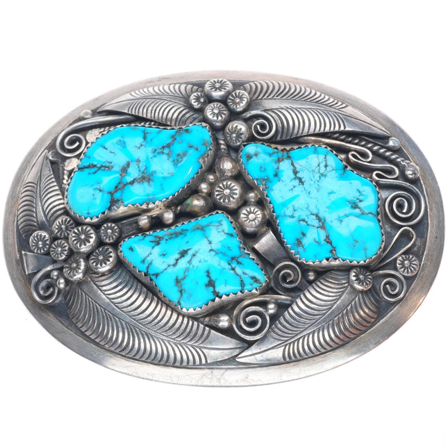 Thomas Nez Navajo sterling silver high grade Kingman turquoise belt buckle