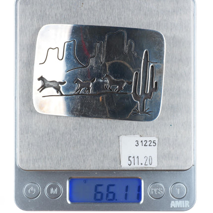 Vintage Navajo sterling silver horses/Saguaro cactus belt buckle