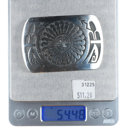 Willie Archie Talahaftewa Hopi overlay belt buckle sunface sterling silver