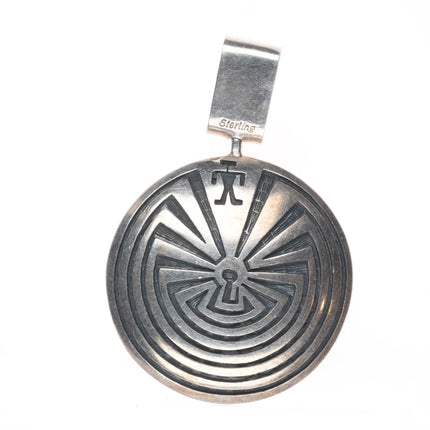 Hopi Overlay Man in the maze/bear sterling silver spinner pendant