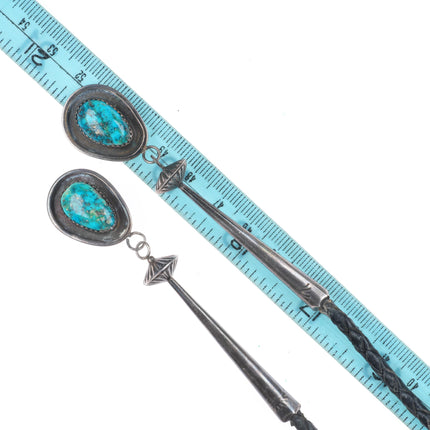 c1970 Morenci Turquoise/Coral Navajo sterling silver bolo tie with fancy tips