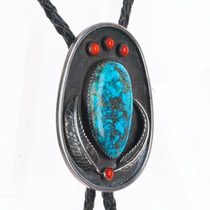 c1970 Morenci Turquoise/Coral Navajo sterling silver bolo tie with fancy tips
