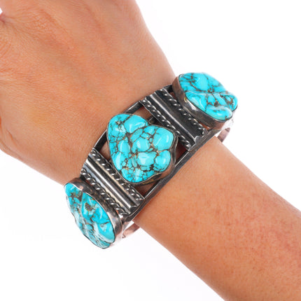 7" Vintage Chunky#8 Turquoise carved nugget sterling silver Navajo cuff bracelet