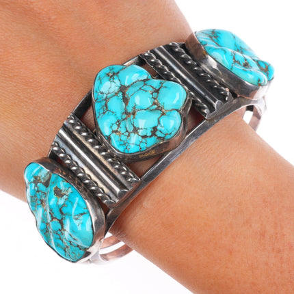7" Vintage Chunky#8 Turquoise carved nugget sterling silver Navajo cuff bracelet