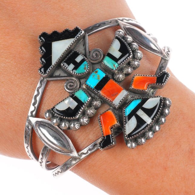 6.1" c1950 Vintage Zuni sterling silver knifewing turquoise/coral cuff bracelet