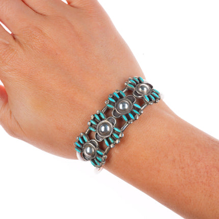 6" Vintage Zuni sterling silver petit point turquoise domed center cuff bracelet