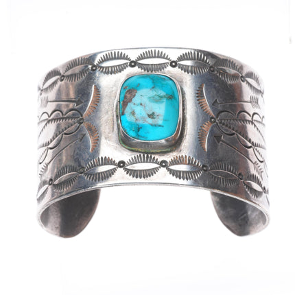6.5" Vintage Navajo sterling silver deep stamped cuff bracelet with turquoise