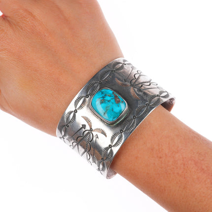 6.5" Vintage Navajo sterling silver deep stamped cuff bracelet with turquoise
