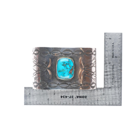 6.5" Vintage Navajo sterling silver deep stamped cuff bracelet with turquoise