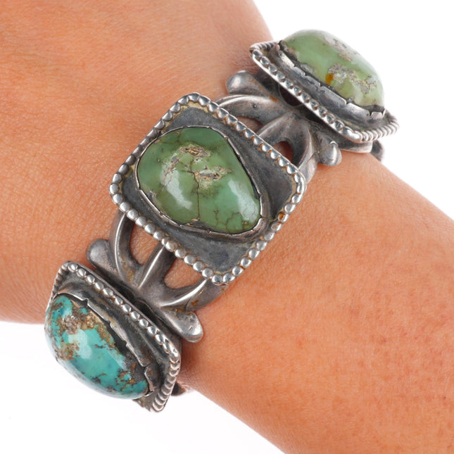 5.9" Vintage Navajo cast sterling silver cuff bracelet 3 green turquoise stones