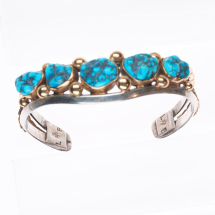 6" Les Baker shop 14k gold/Sterling silver turquoise row cuff bracelet