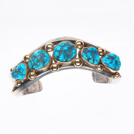 6" Les Baker shop 14k gold/Sterling silver turquoise row cuff bracelet