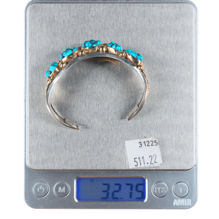 6" Les Baker shop 14k gold/Sterling silver turquoise row cuff bracelet