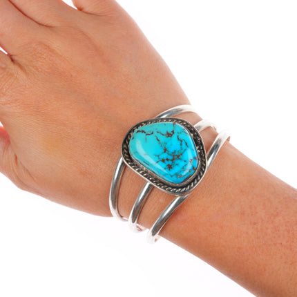 6" Vintage Navajo sterling silver Kingman turquoise 3 shank cuff bracelet