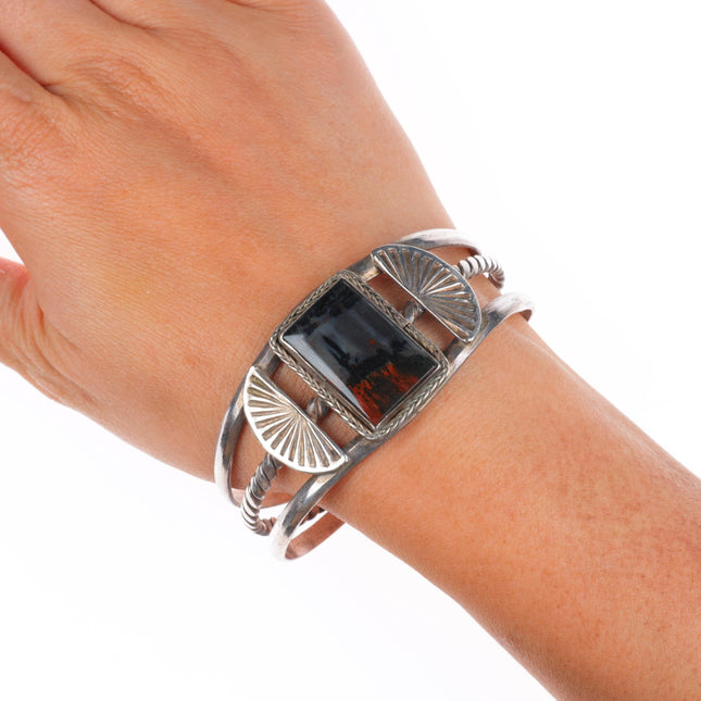 6.8" 1940's Vintage Navajo sterling silver petrified wood agate cuff bracelet