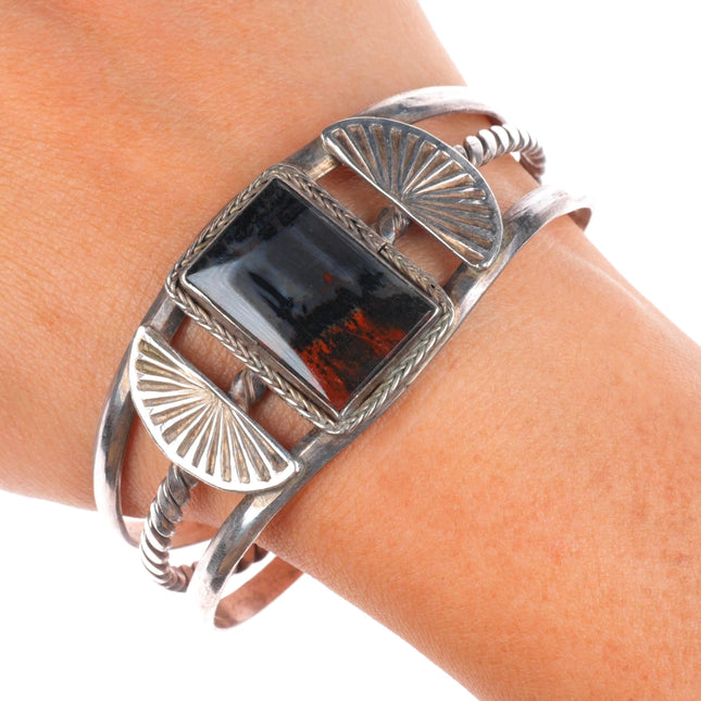 6.8" 1940's Vintage Navajo sterling silver petrified wood agate cuff bracelet