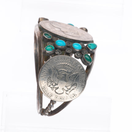 7.25" Vintage Navajo sterling silver turquoise cluster dollar cuff bracelet