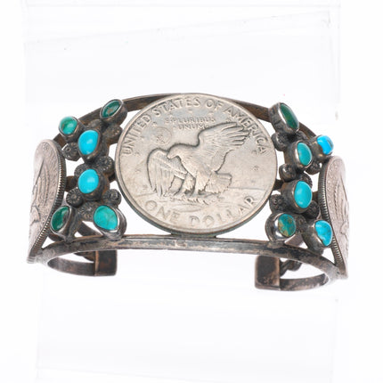 7.25" Vintage Navajo sterling silver turquoise cluster dollar cuff bracelet