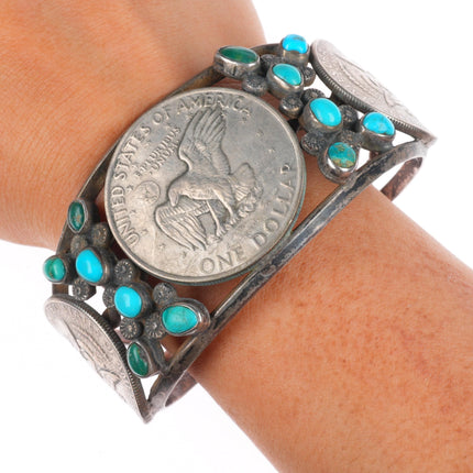 7.25" Vintage Navajo sterling silver turquoise cluster dollar cuff bracelet