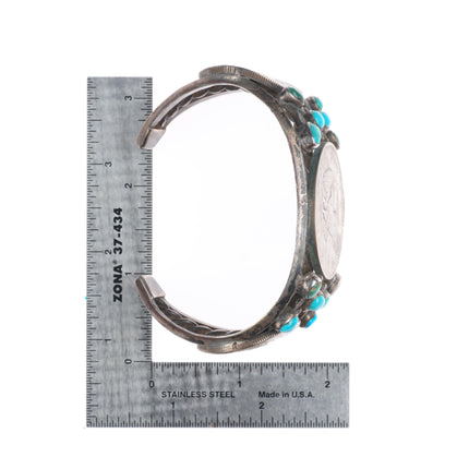 7.25" Vintage Navajo sterling silver turquoise cluster dollar cuff bracelet