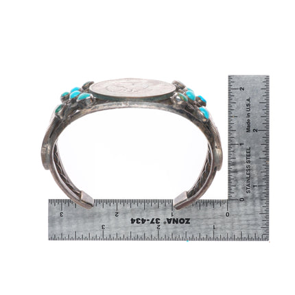 7.25" Vintage Navajo sterling silver turquoise cluster dollar cuff bracelet