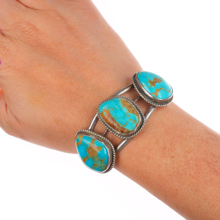 6.1" Vintage Navajo sterling silver 3 large stone turquoise cuff bracelet