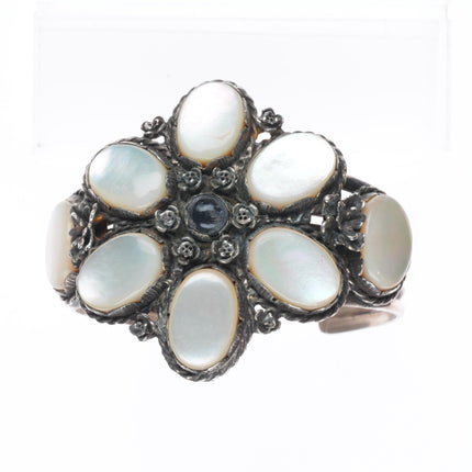 6.5" Vintage southwestern sterling silver mother of pearl onyx cuff bracelet