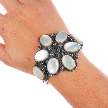 6.5" Vintage southwestern sterling silver mother of pearl onyx cuff bracelet
