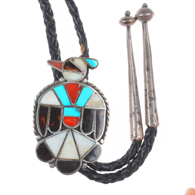 c1960 c-31 Zuni sterling silver thunderbird bolo tie turquoise/coral inlay