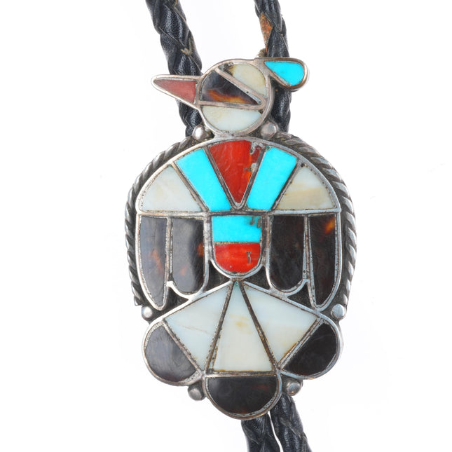 c1960 c-31 Zuni sterling silver thunderbird bolo tie turquoise/coral inlay