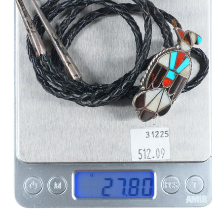 c1960 c-31 Zuni sterling silver thunderbird bolo tie turquoise/coral inlay