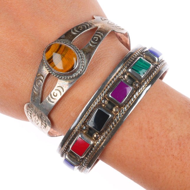 6.5"-6.75" Retro Mexican sterling silver multi-stone cuff bracelets tiger's eye