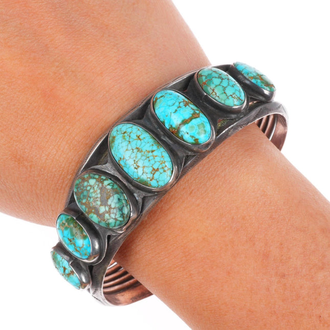 6.75" c1940's Navajo #8 spiderweb turquoise ingot silver row cuff bracelet