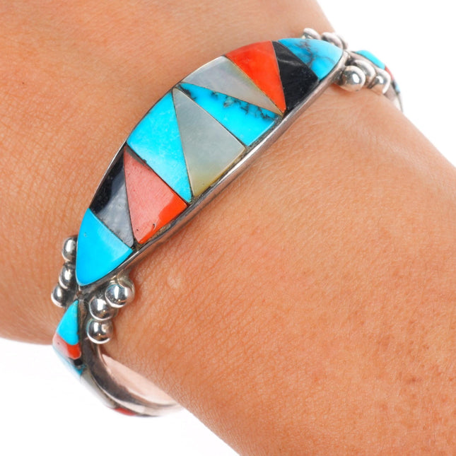 6.3" Vintage Zuni sterling silver turquoise/coral/jet inlay cuff bracelet