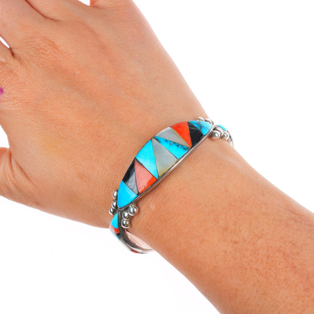 6.3" Vintage Zuni sterling silver turquoise/coral/jet inlay cuff bracelet