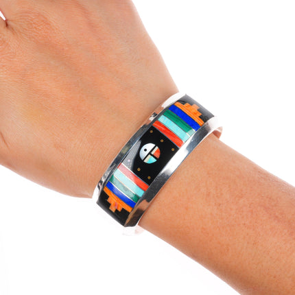 6.5" Willie Shaw Navajo sterling silver multi-stone inlay sunface cuff bracelet