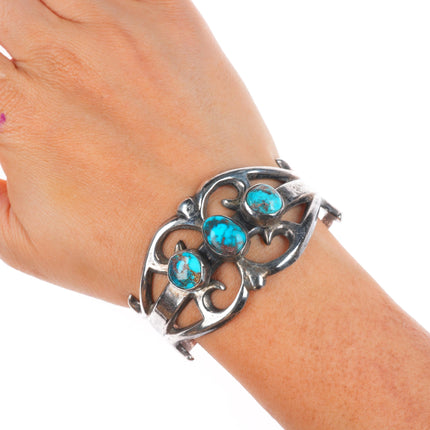6.1" Vintage Navajo Bisbee turquoise cast sterling silver cuff bracelet