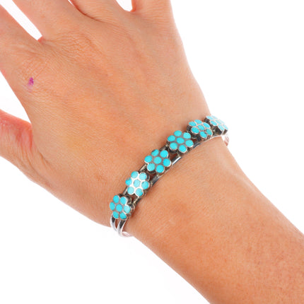 6.5" Vintage Dishta sterling silver flush inlay turquoise cuff bracelet