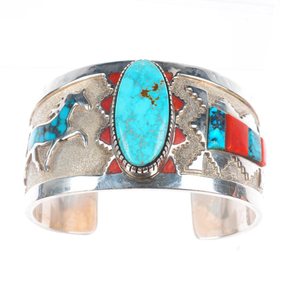 6.5" Michael Perry Navajo sterling silver, turquoise, coral horse cuff bracelet