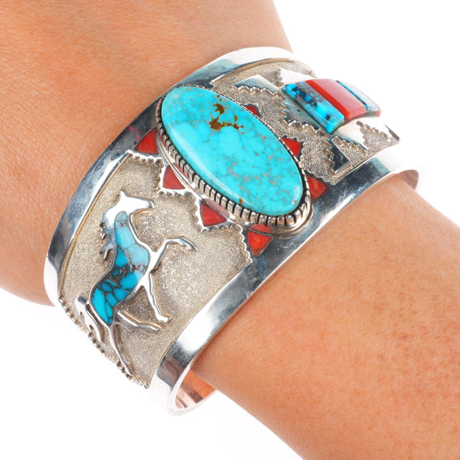 6.5" Michael Perry Navajo sterling silver, turquoise, coral horse cuff bracelet