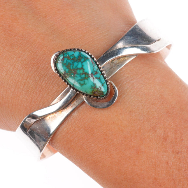 6.6" Ramona Loloma modernist sterling silver spiderweb turquoise cuff bracelet